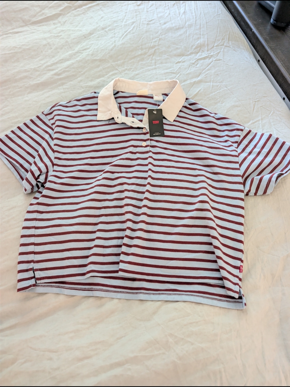 NWT Levi's Cropped Polo Rugby Shirt Light Blue Burgundy Stripe Large
